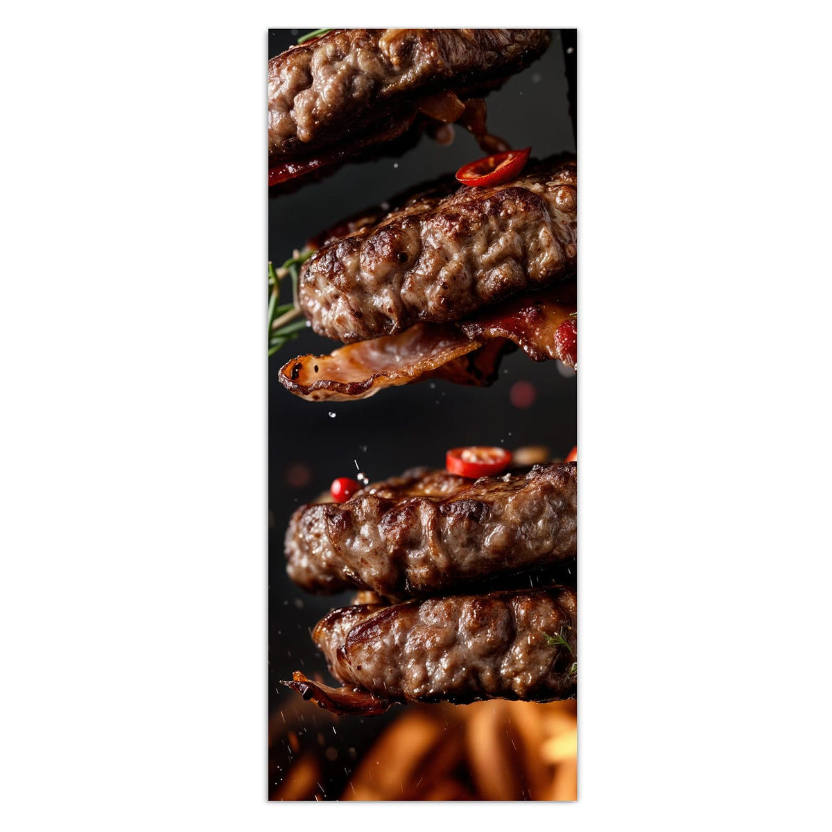 Wandbild - Burger Patties - Hochformat – Schwebende Patties mit knusprigem Speck