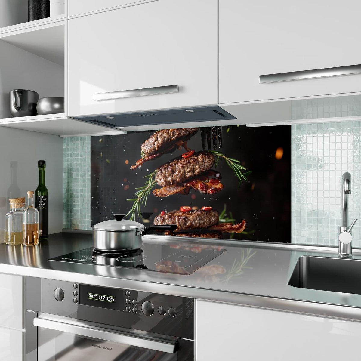 Küchenrückwand aus Glas Burger Patties im Hochformat als Spritzschutz hinter dem Kochfeld, über dem Fliesenspiegel montiert