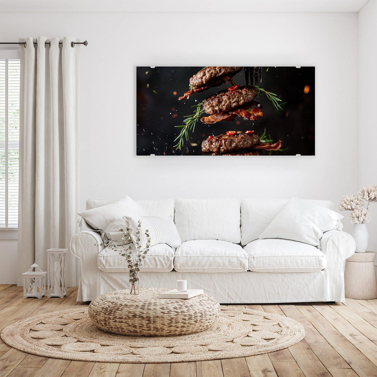 Wandbild - Burger Patties - Querformat – Schwebende Patties mit knusprigem Speck
