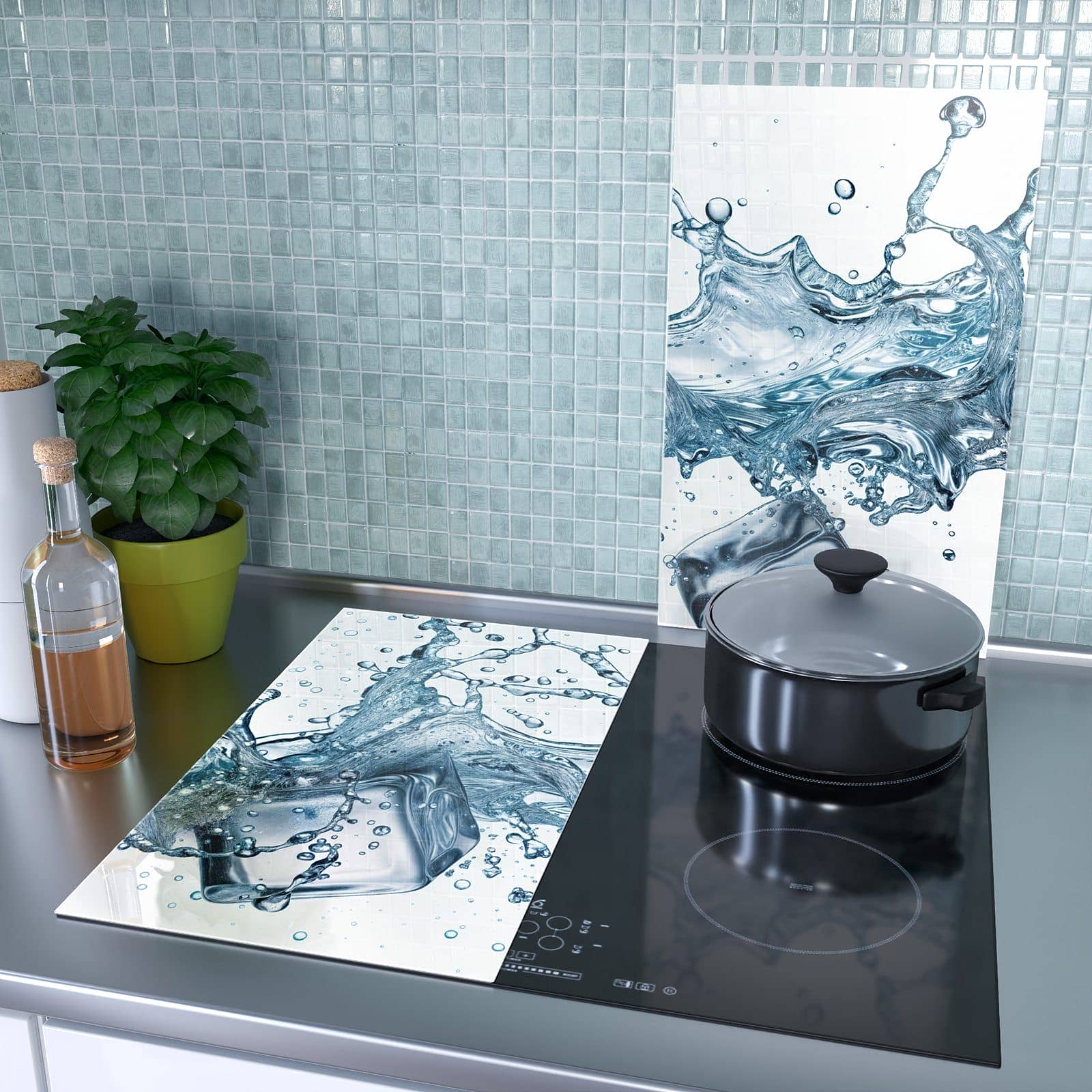 2-teilige Herdabdeckplatte mit Wasserspritzer-Motiv als Spritzschutz hinter dem Kochfeld