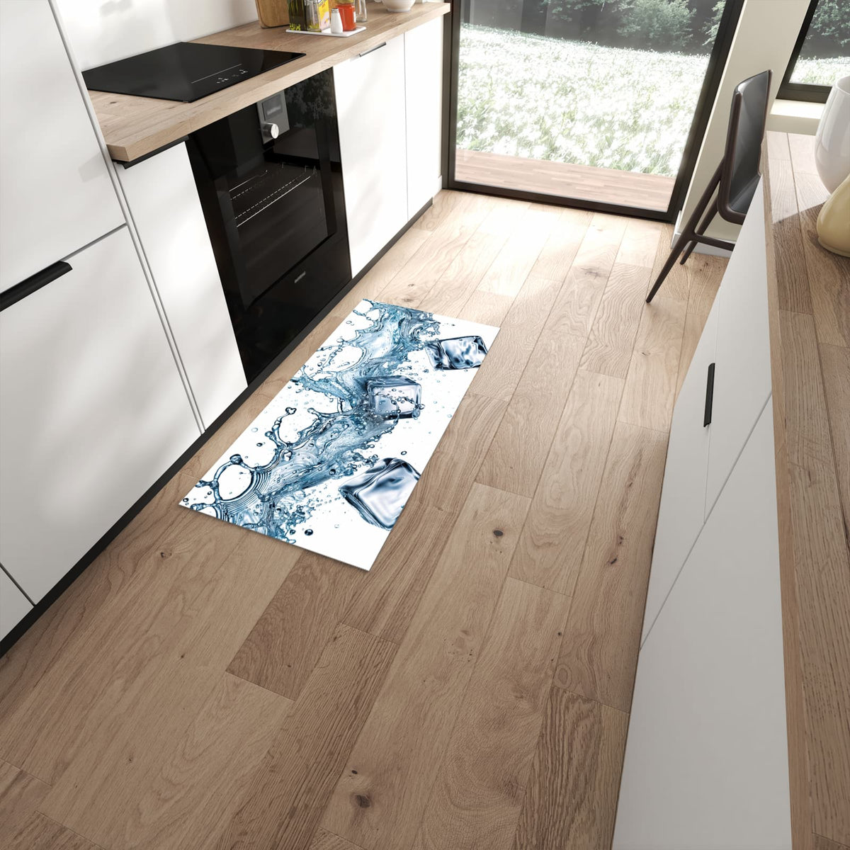 Ordnungsschaffender Küchenläufer mit Motiv Wasserspritzer in moderner Küche #grösse_60 x 120 cm