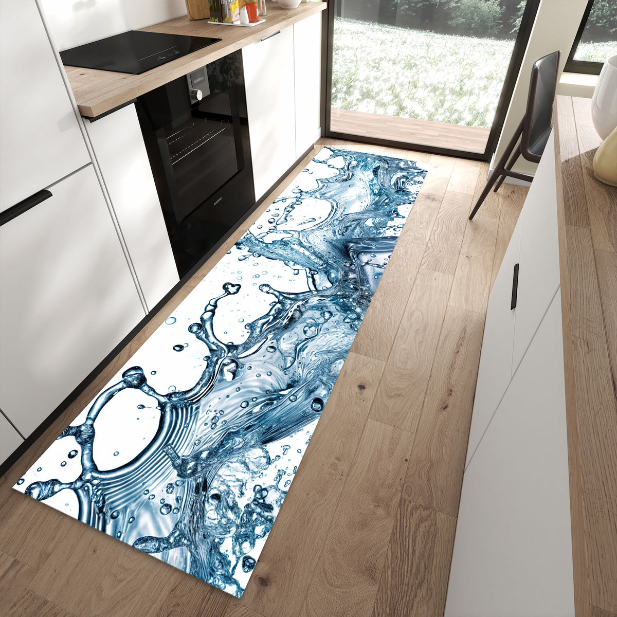 Rutschfester Küchenteppich mit Motiv Wasserspritzer für Trittkomfort in moderner Küche