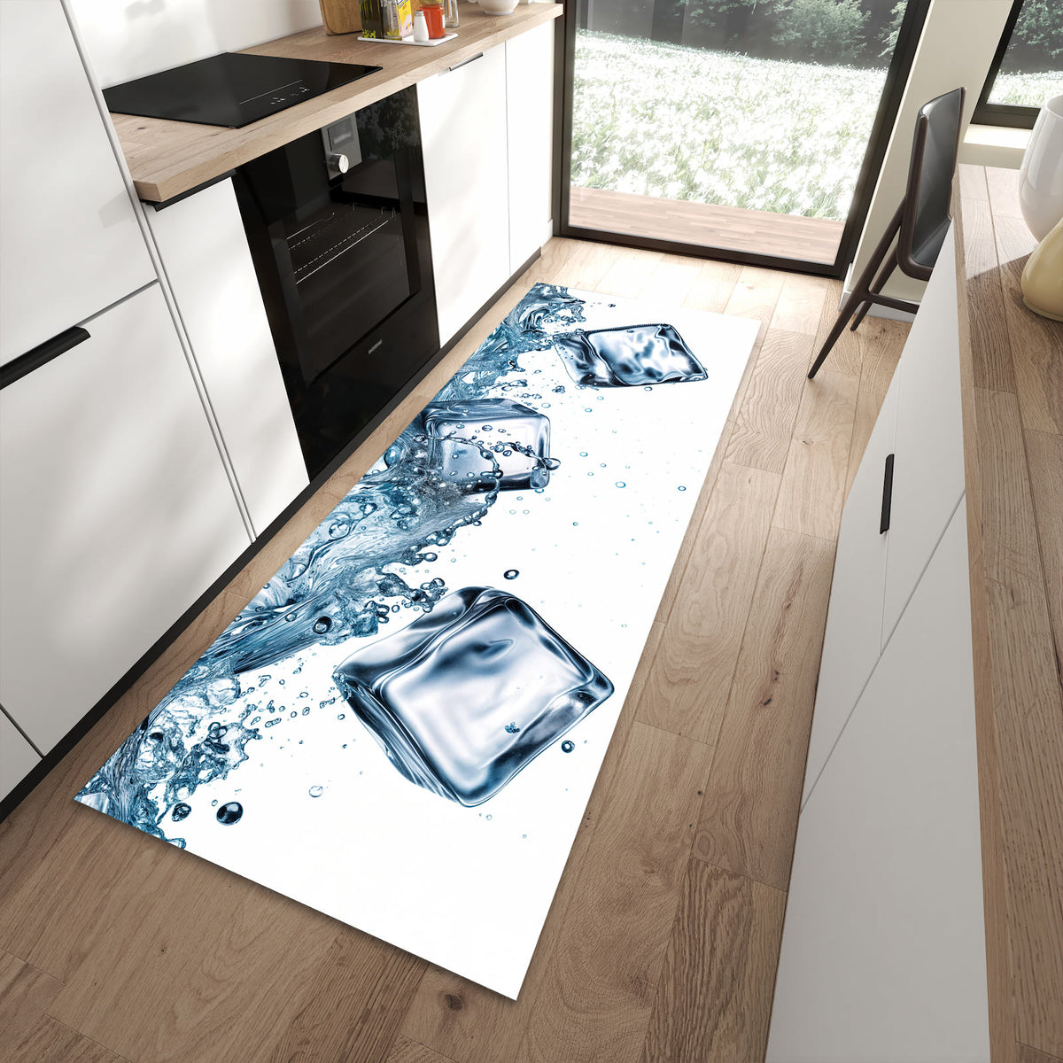 Schmutzabweisender Teppich für Esstisch mit Motiv Wasserspritzer in moderner Küche