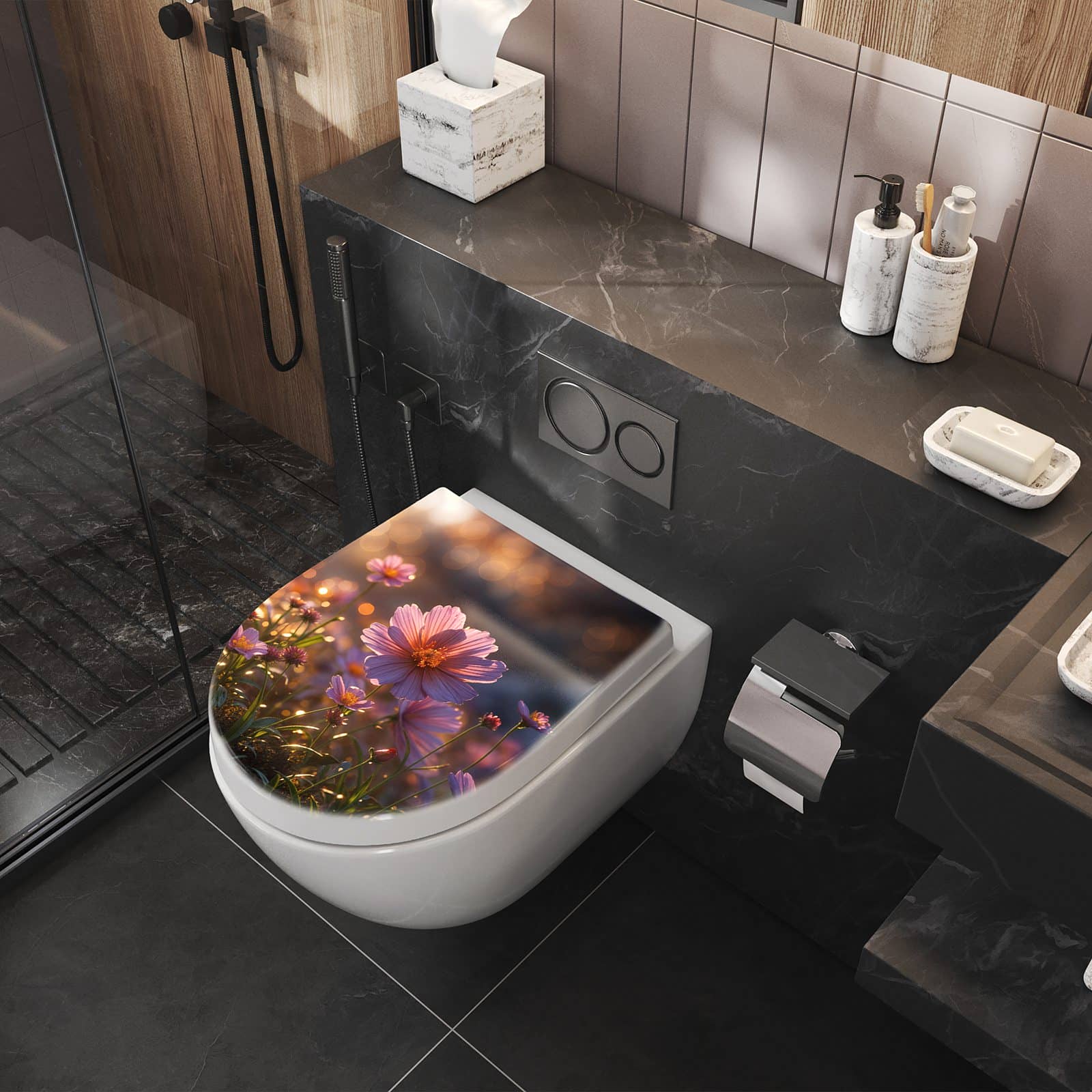 WC-Sitz mit Absenkautomatik Blumenwiesebei Sonnenaufgang