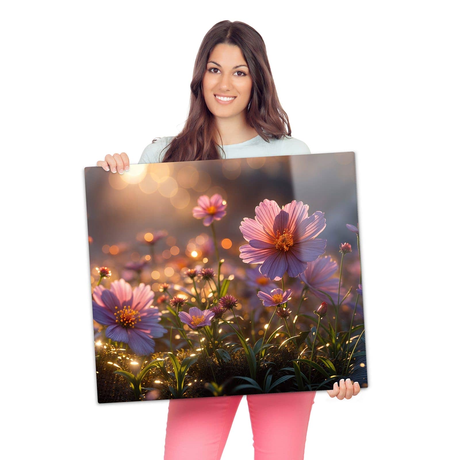 Ceranfeld Abdeckplatten mit Blumenwiesebei Sonnenaufgang-Motiv werden zur Größendarstellung gehalten