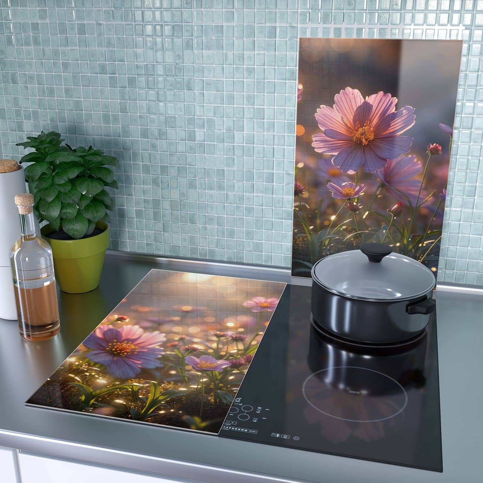 2-teilige Herd Schutzplatte mit Blumenwiesebei Sonnenaufgang-Motiv als Spritzschutz hinter dem Kochfeld
