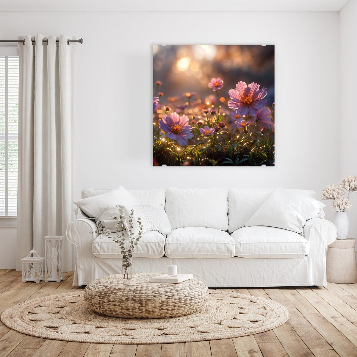 Glasbild Rosa Blütenwiese an der Wand – rosa Kosmeen-Wiese mit Gräsern in warmem Gegenlicht und goldenem Bokeh