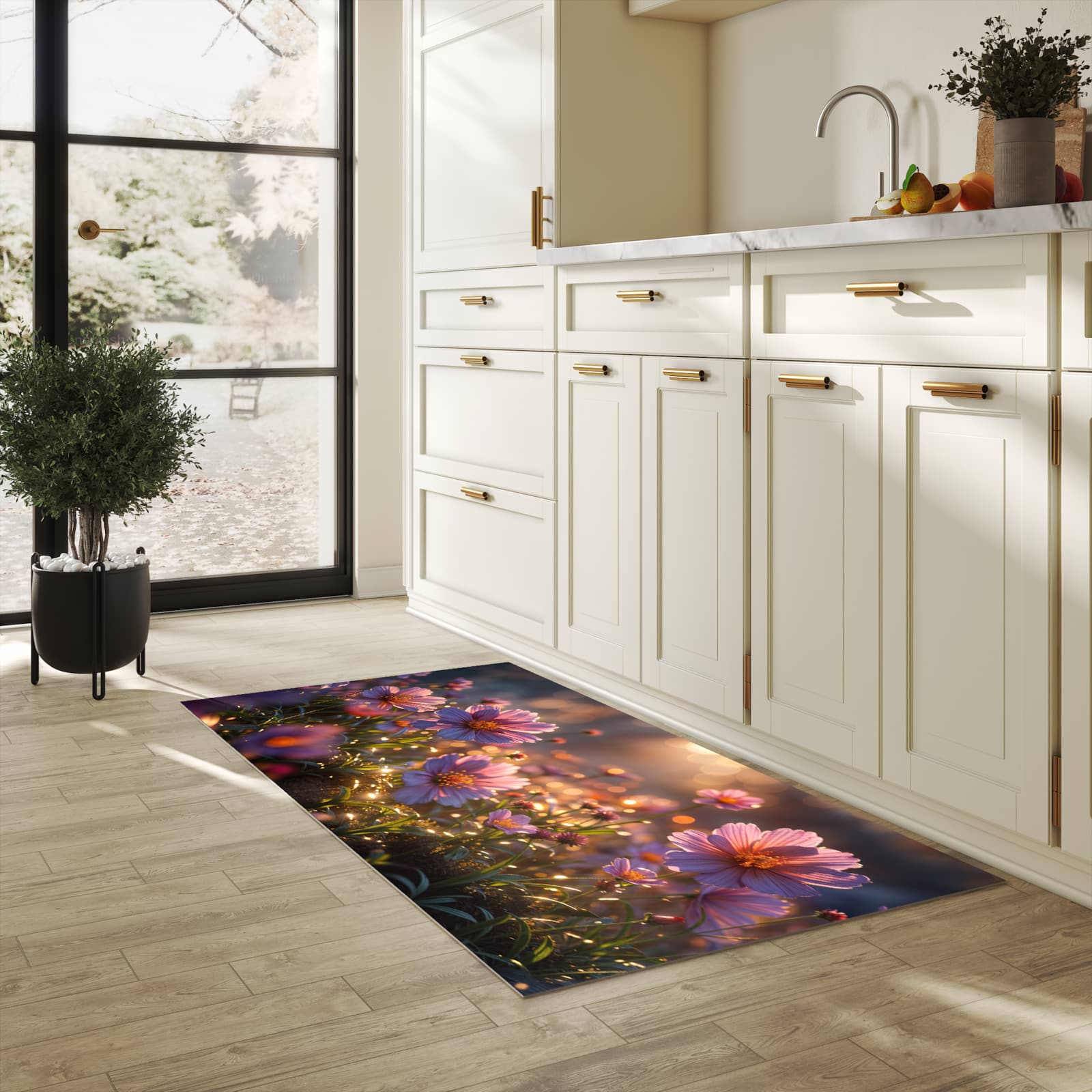 Wasserabweisender Küchenläufer mit Motiv Blumenwiesebei Sonnenaufgang in heller Küche