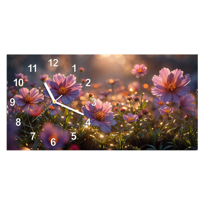 Wanduhr Blumenwiesebei Sonnenaufgang aus Glas – Querformat 60 × 30 cm mit Ziffernblatt Modern