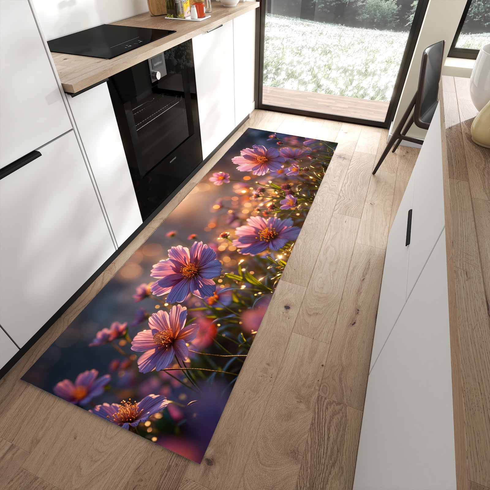 Waschbarer Küchenläufer mit Motiv Blumenwiesebei Sonnenaufgang in moderner Küche