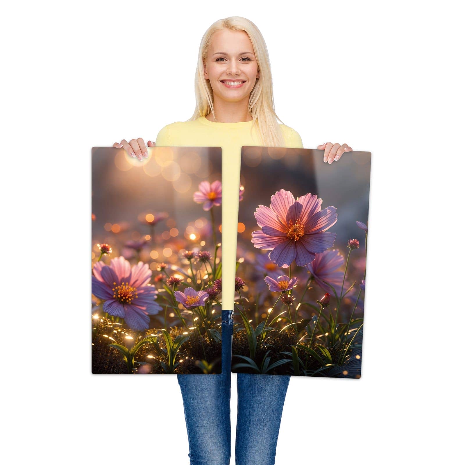 2-teilige Herdabdeckplatte mit Blumenwiesebei Sonnenaufgang-Motiv wird zur Größendarstellung gehalten