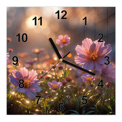 Wanduhr Quadratisch mit dem Motiv Rosa Blütenwiese