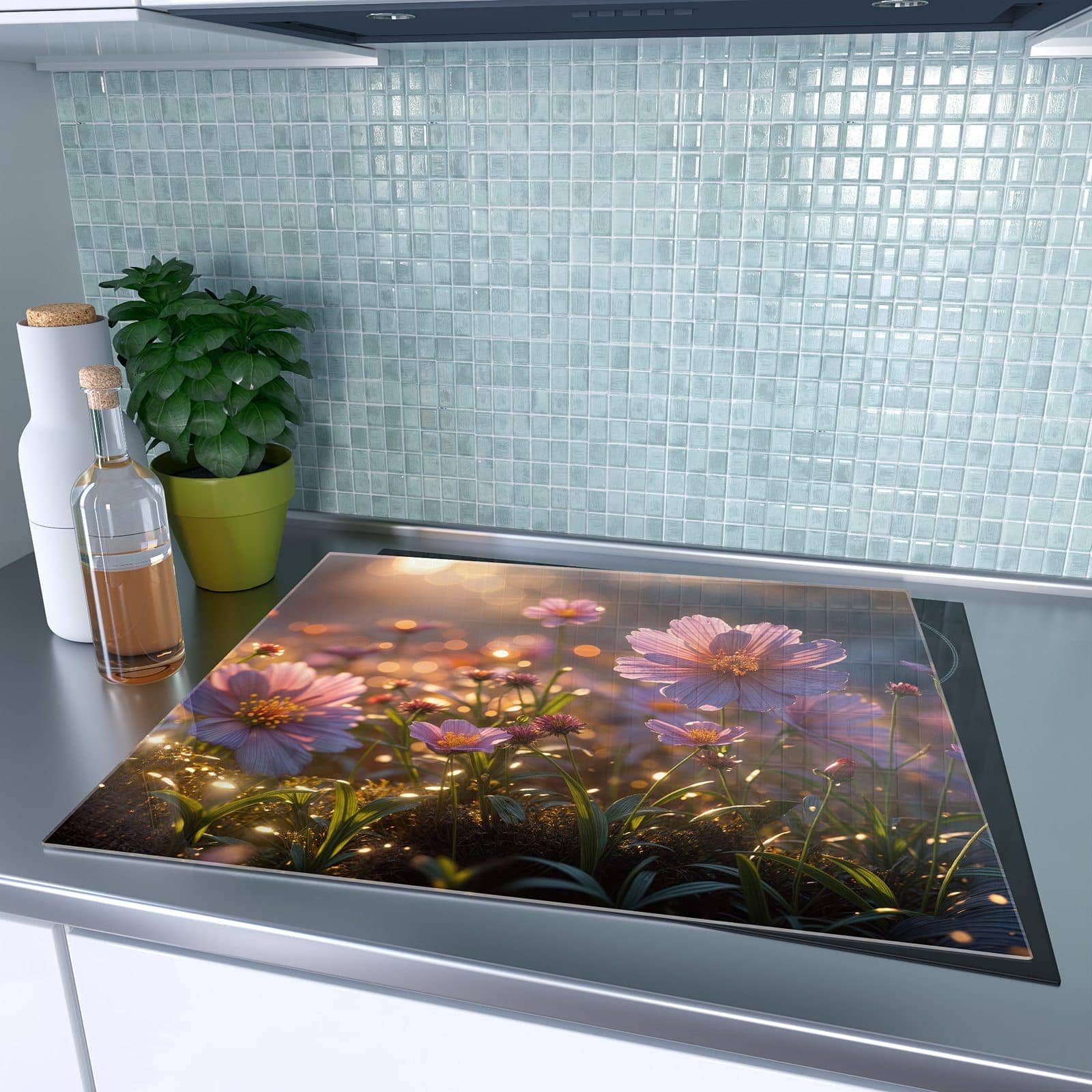 1-teilige Abdeckplatten für Ceranfeld mit Blumenwiesebei Sonnenaufgang-Motiv auf dem Ceranfeld