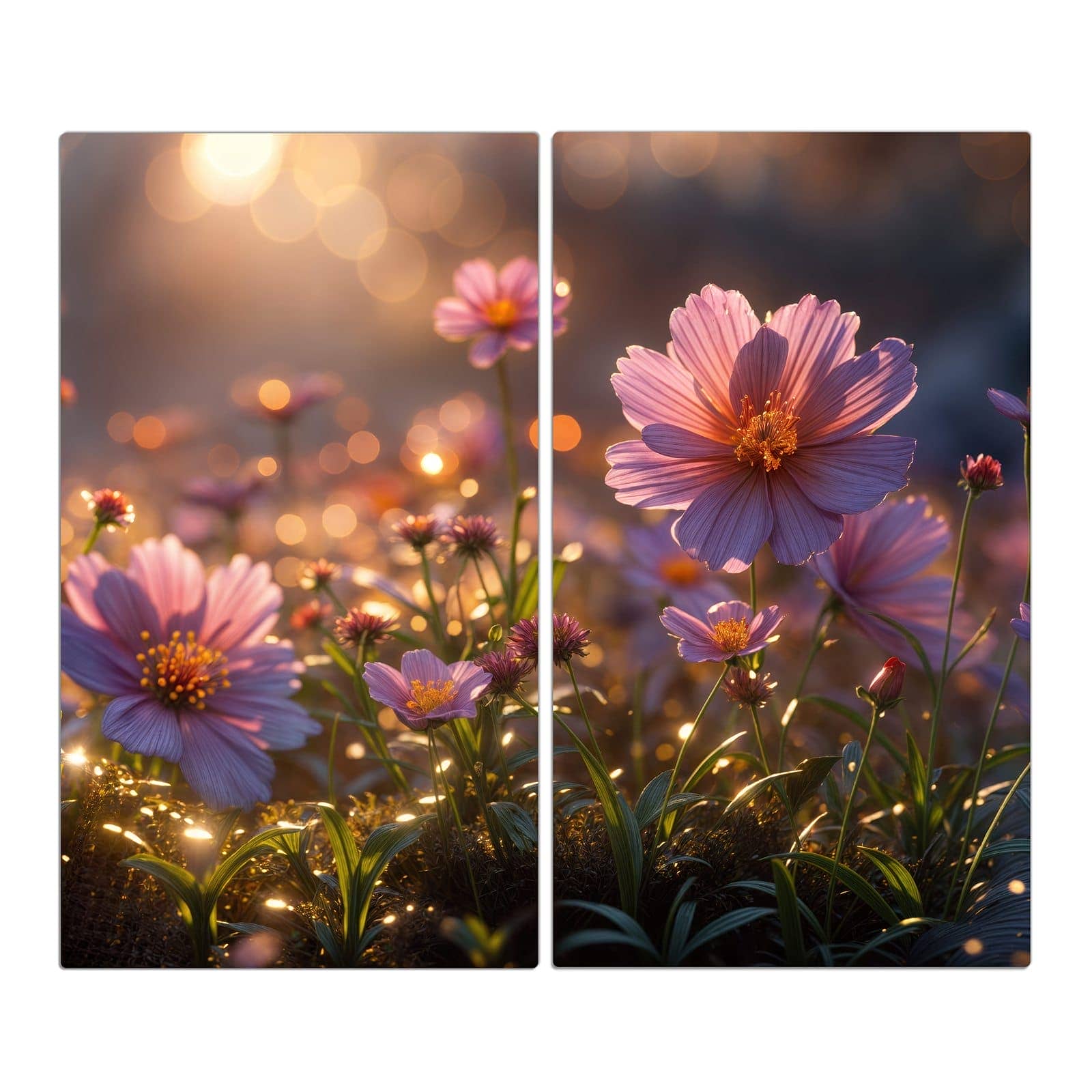 2-teilige Herdabdeckplatte für Ceranfeld mit Blumenwiesebei Sonnenaufgang-Motiv in der Frontansicht #grösse_2-Teilig (60x52cm)