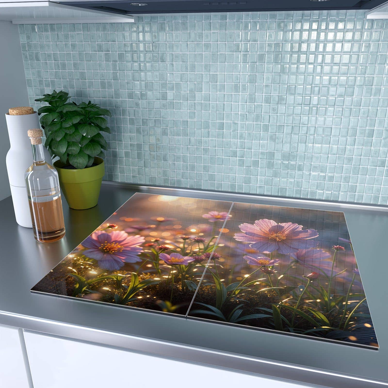 2-teilige Herdabdeckplatte mit Blumenwiesebei Sonnenaufgang-Motiv auf dem Ceranfeld