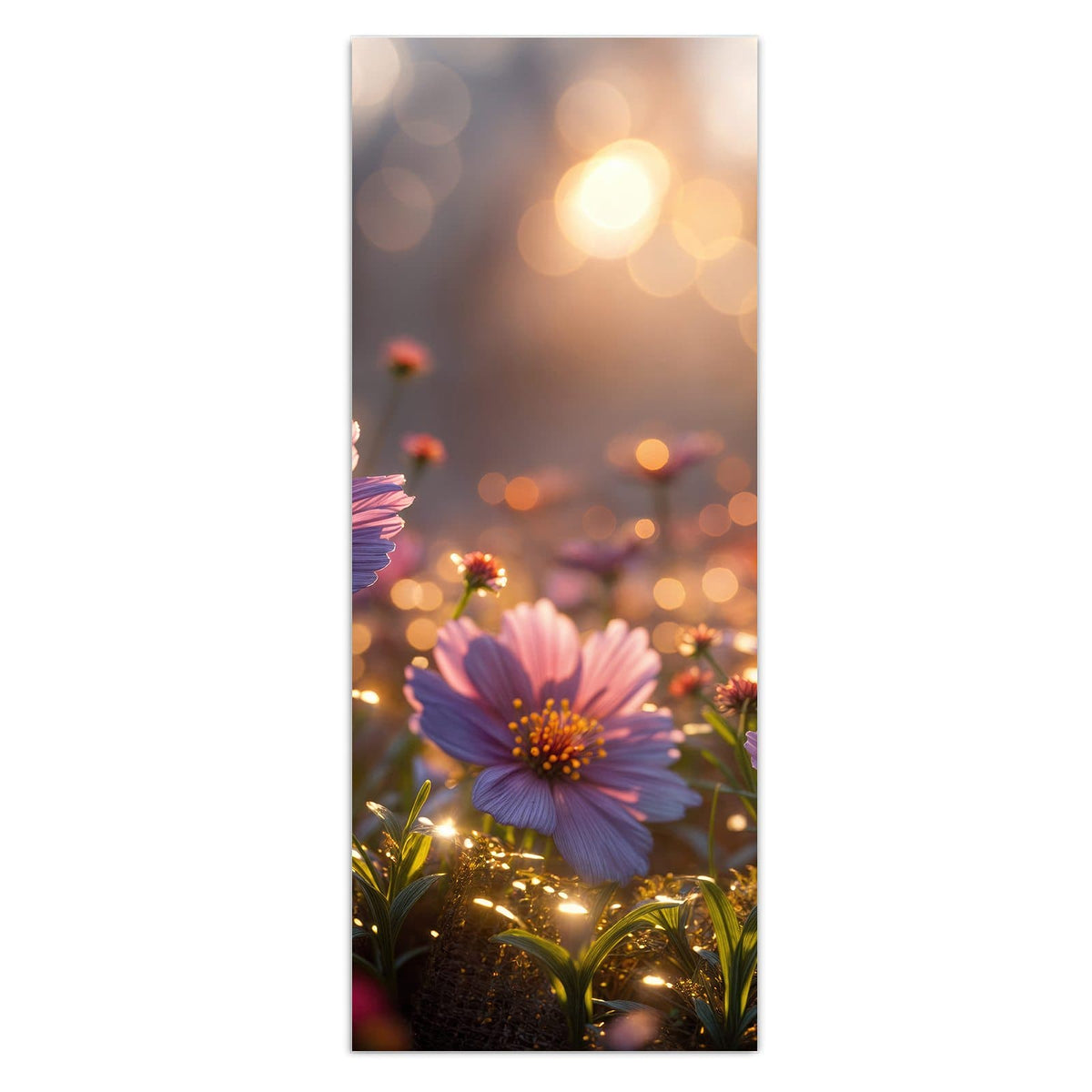 Wandbild - Rosa Blütenwiese - Hochformat – Rosa Blüten im goldenen Sonnenlicht