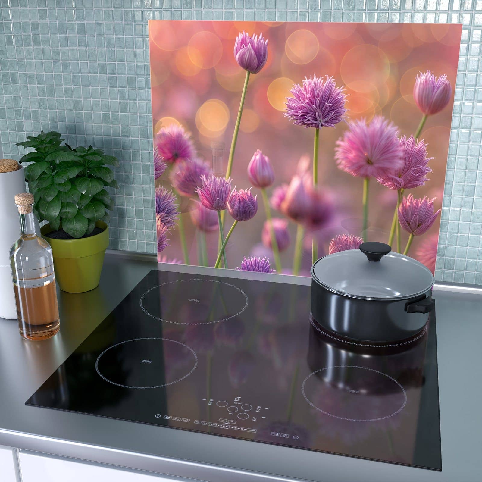 1-teilige Herdabdeckung aus Glas mit Blühende Zierlauch-Motiv als Spritzschutz hinter dem Kochfeld