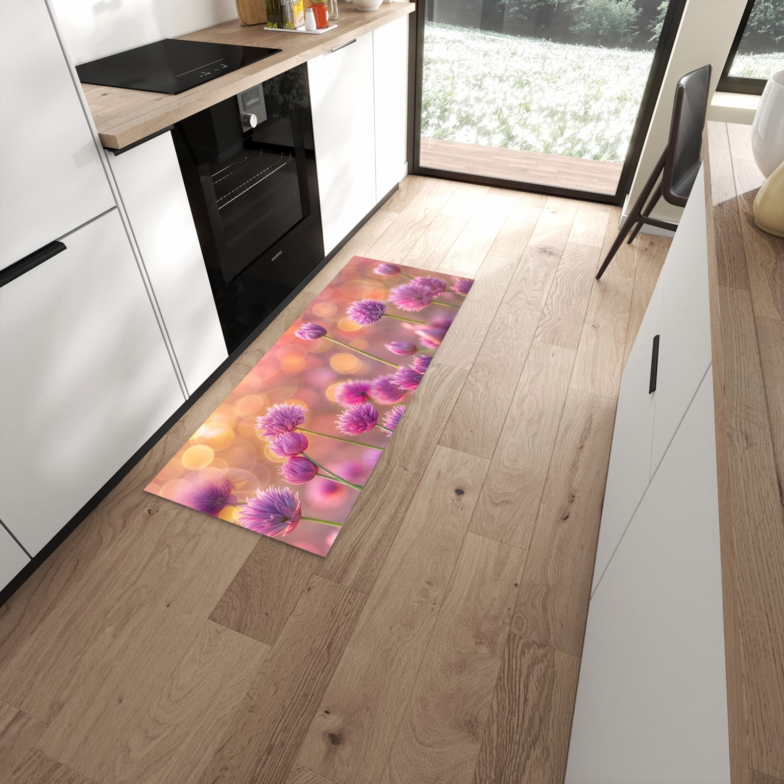 Formstabiler rutschfester Küchenläufer mit Motiv Blühende Zierlauch in moderner Küche #grösse_60 x 150 cm
