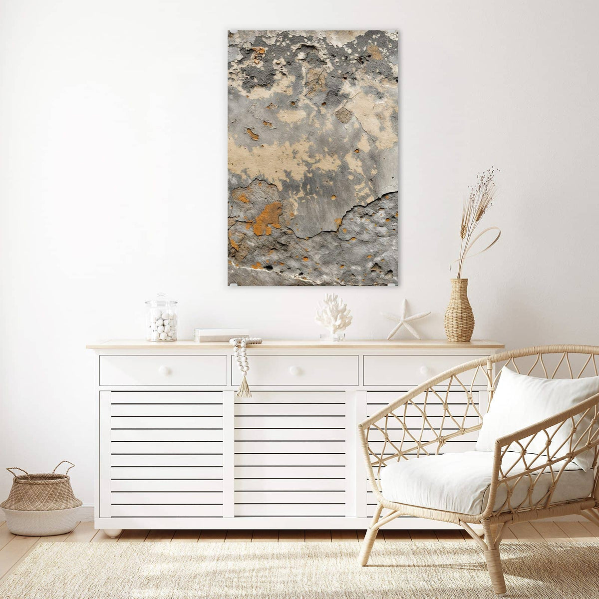 Glasbild Putz in Grau und Ocker an der Wand – Alte Wand mit abgeplatztem Putz in Grau, Beige und Ockerorange