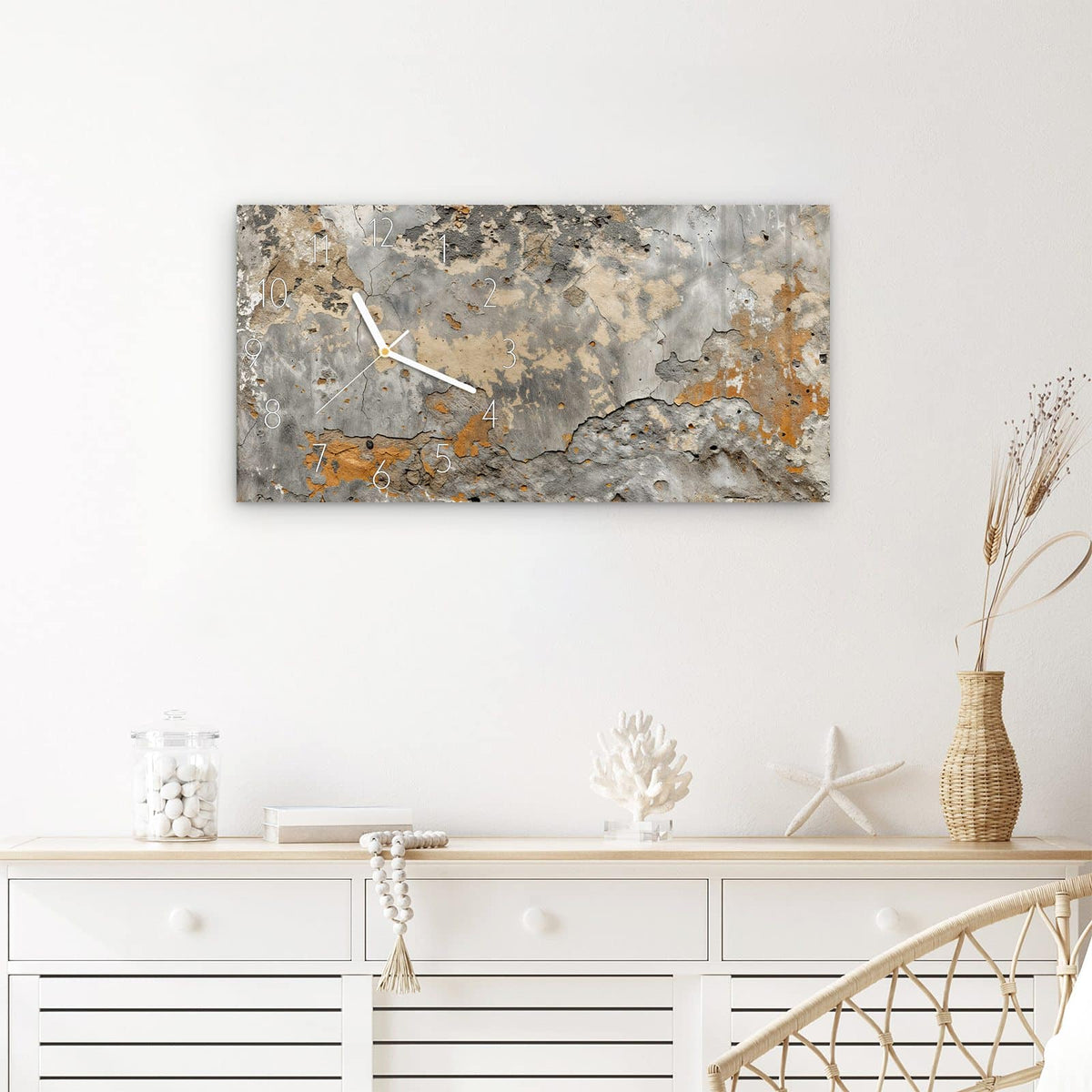 Wanduhr Verblasste Wand aus Glas – Querformat 60 × 30 cm – Verwittertes Mauerwerk in Grau und Rost