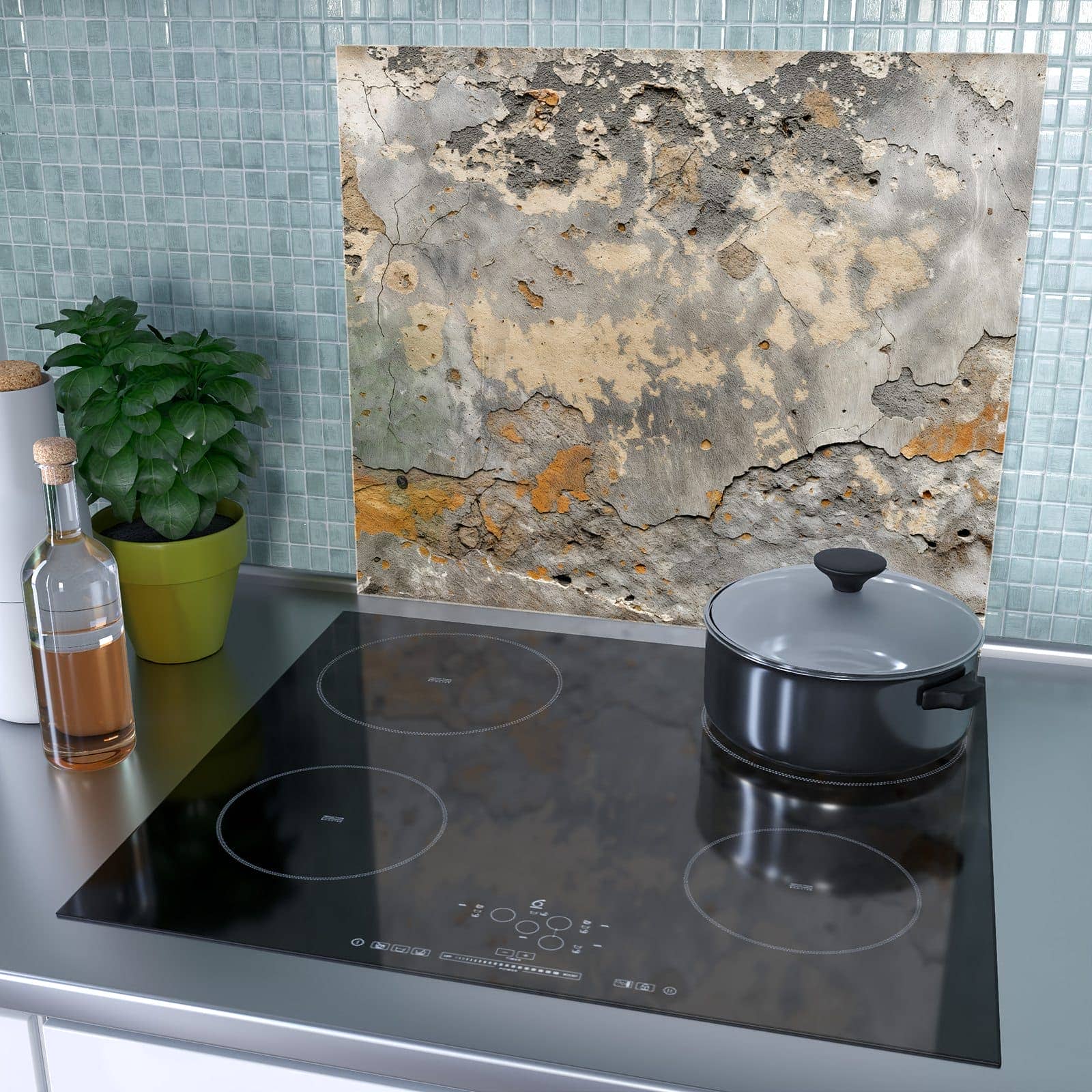 1-teilige Herdabdeckplatte mit Verwitterte Wand-Motiv als Spritzschutz hinter dem Kochfeld