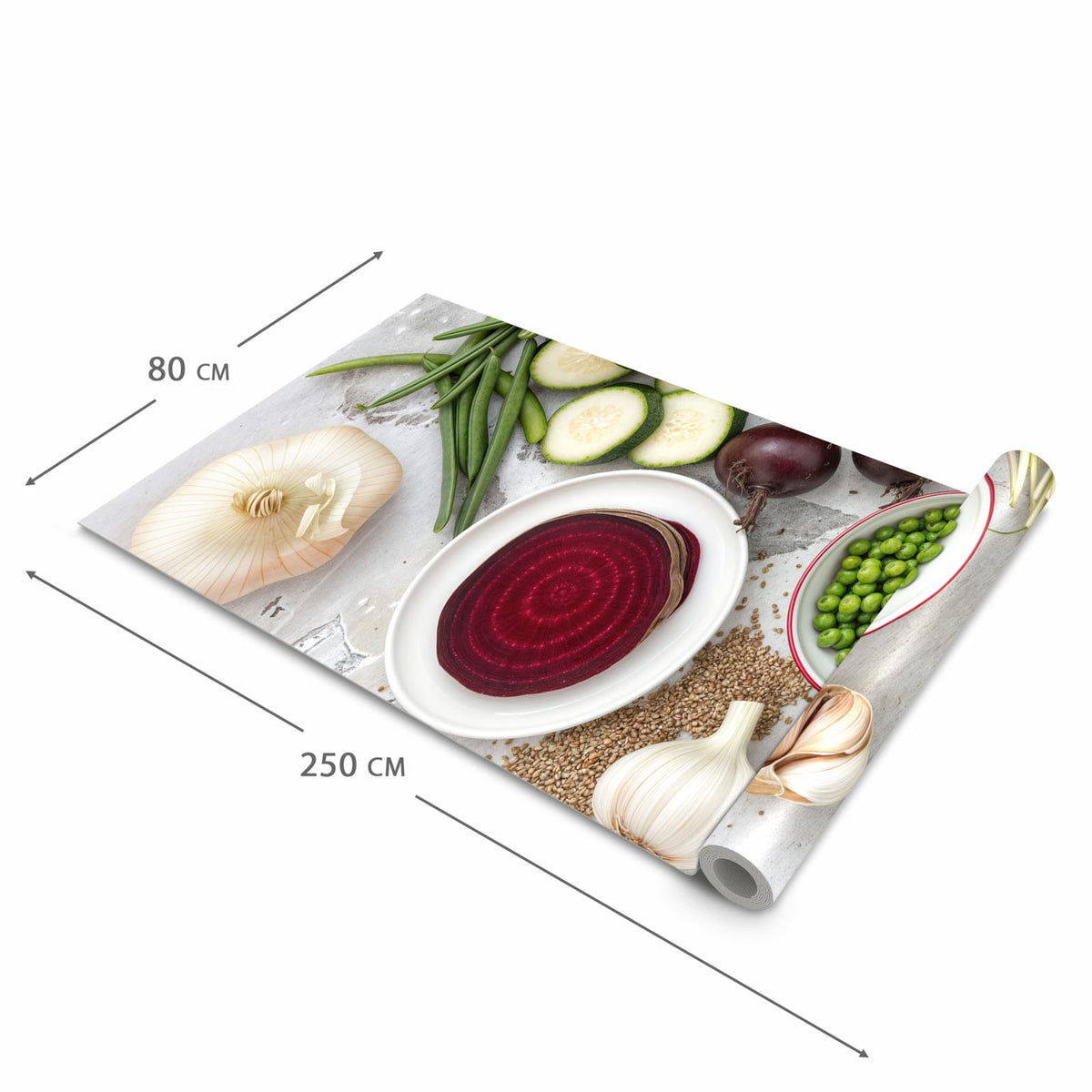 Formstabiler rutschfester Küchenteppich mit Motiv Frisches Gemüse Teller in der Grösse 60x150 cm
