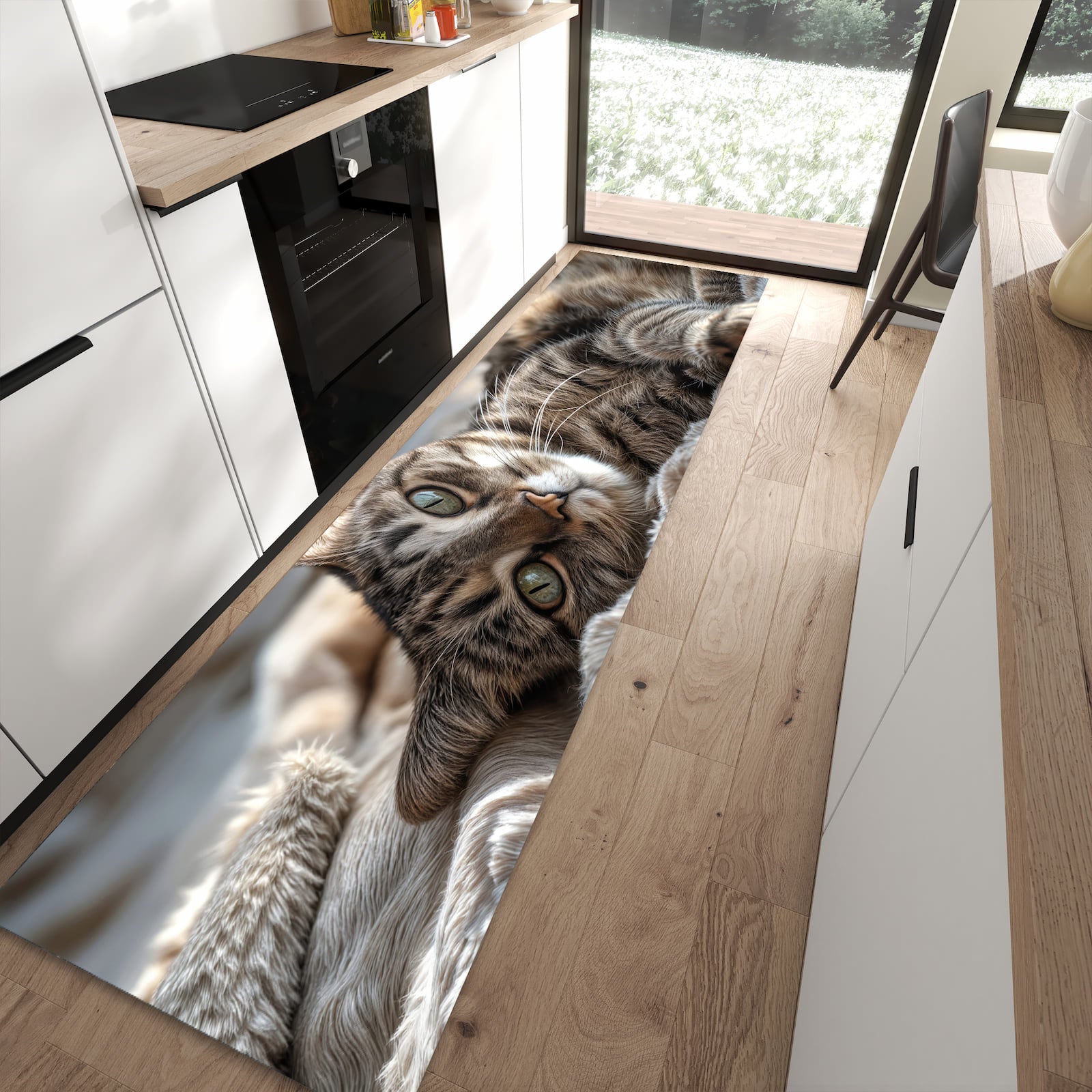 Langlebiger Küchenteppich mit Motiv Gemütliche Katze in moderner Küche
