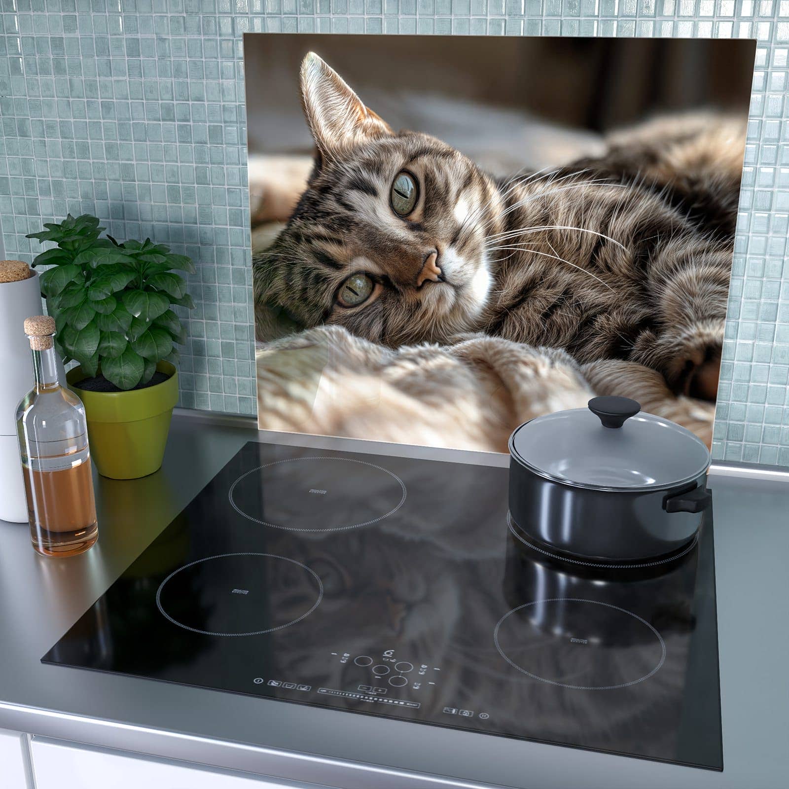1-teilige Herdabdeckung aus Glas mit Gemütliche Katze-Motiv als Spritzschutz hinter dem Kochfeld
