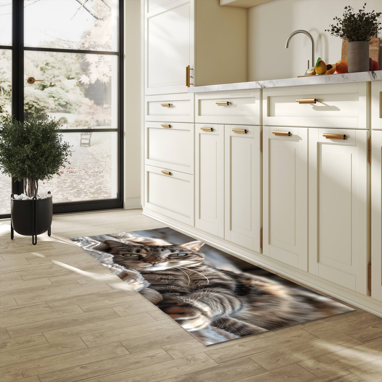 Rutschfester Küchenteppich mit Motiv Gemütliche Katze in heller Küche