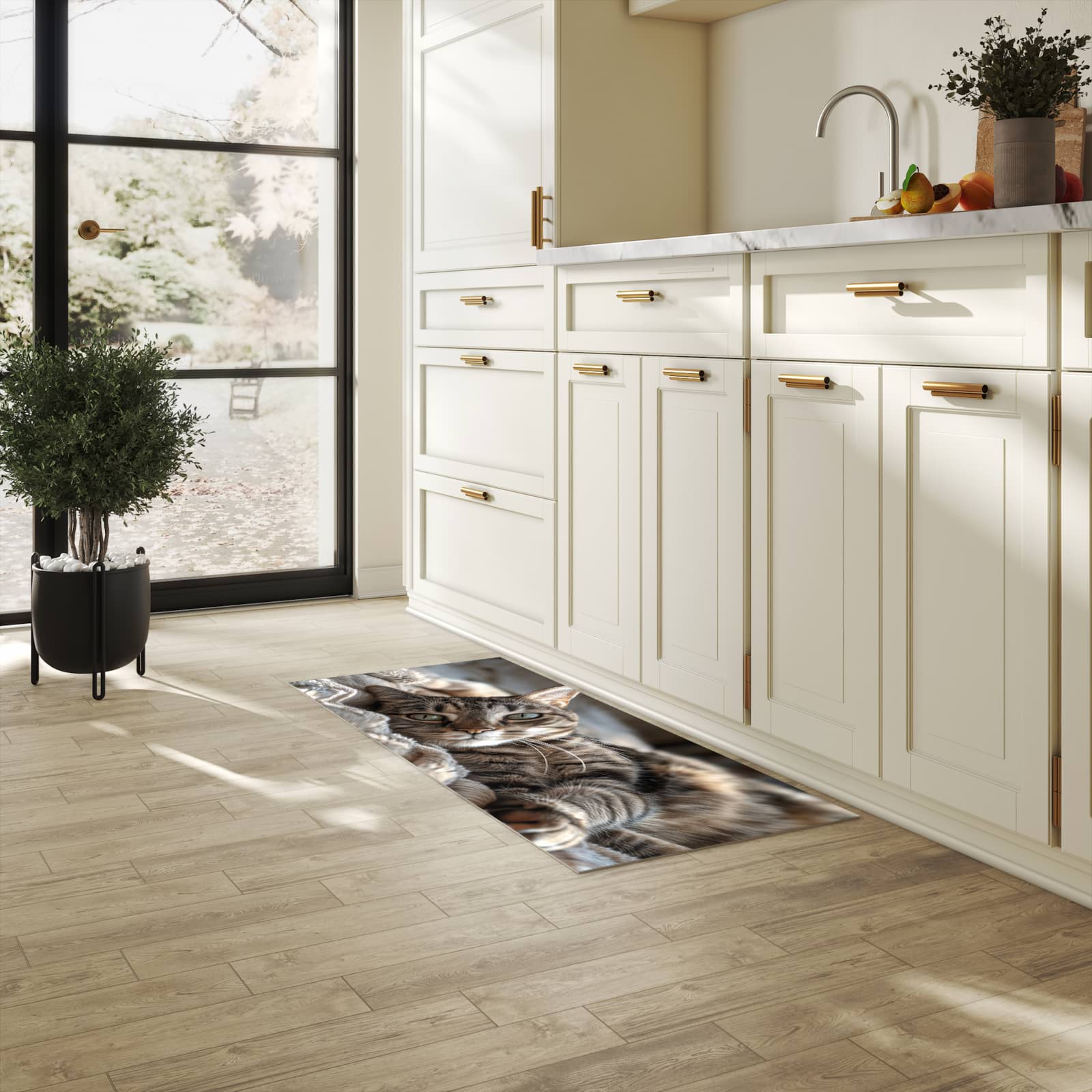 Pflegeleichter moderner Küchenläufer mit Motiv Gemütliche Katze in heller Küche