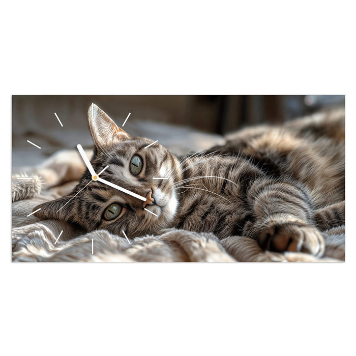 Wanduhr Gemütliche Katze aus Glas – Querformat 60 × 30 cm mit Ziffernblatt Linie