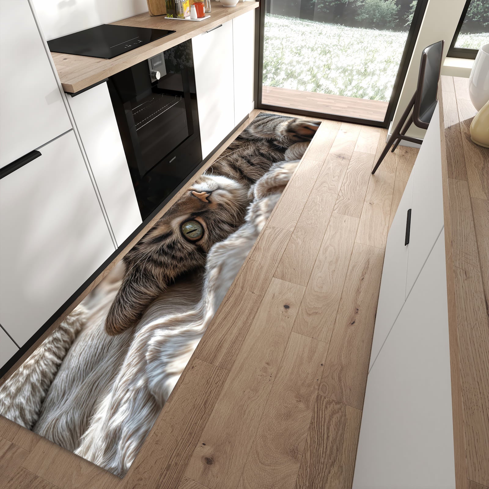 Komfortabler Bodenläufer-Teppich mit Motiv Gemütliche Katze in moderner Küche