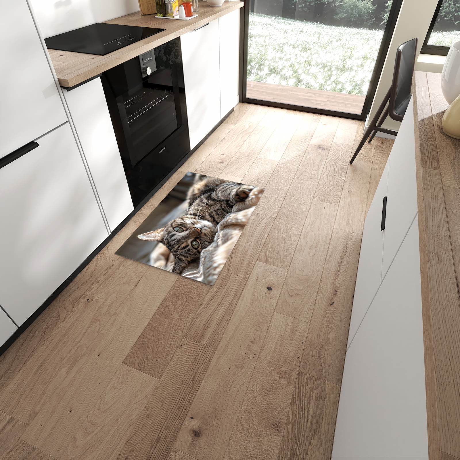 Wasserabweisender Küchenteppich mit Motiv Gemütliche Katze in moderner Küche