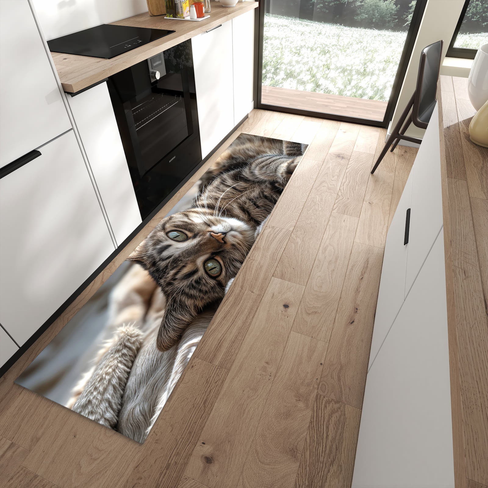 Abriebfester rutschfester Küchenteppich mit Motiv Gemütliche Katze in moderner Küche
