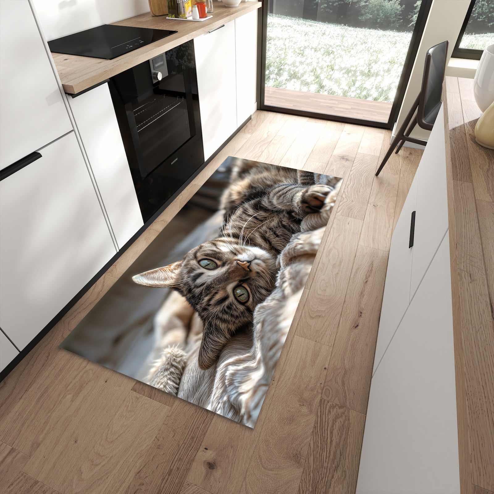 Flacher Küchenteppich mit Motiv Gemütliche Katze in moderner Küche - waschbar