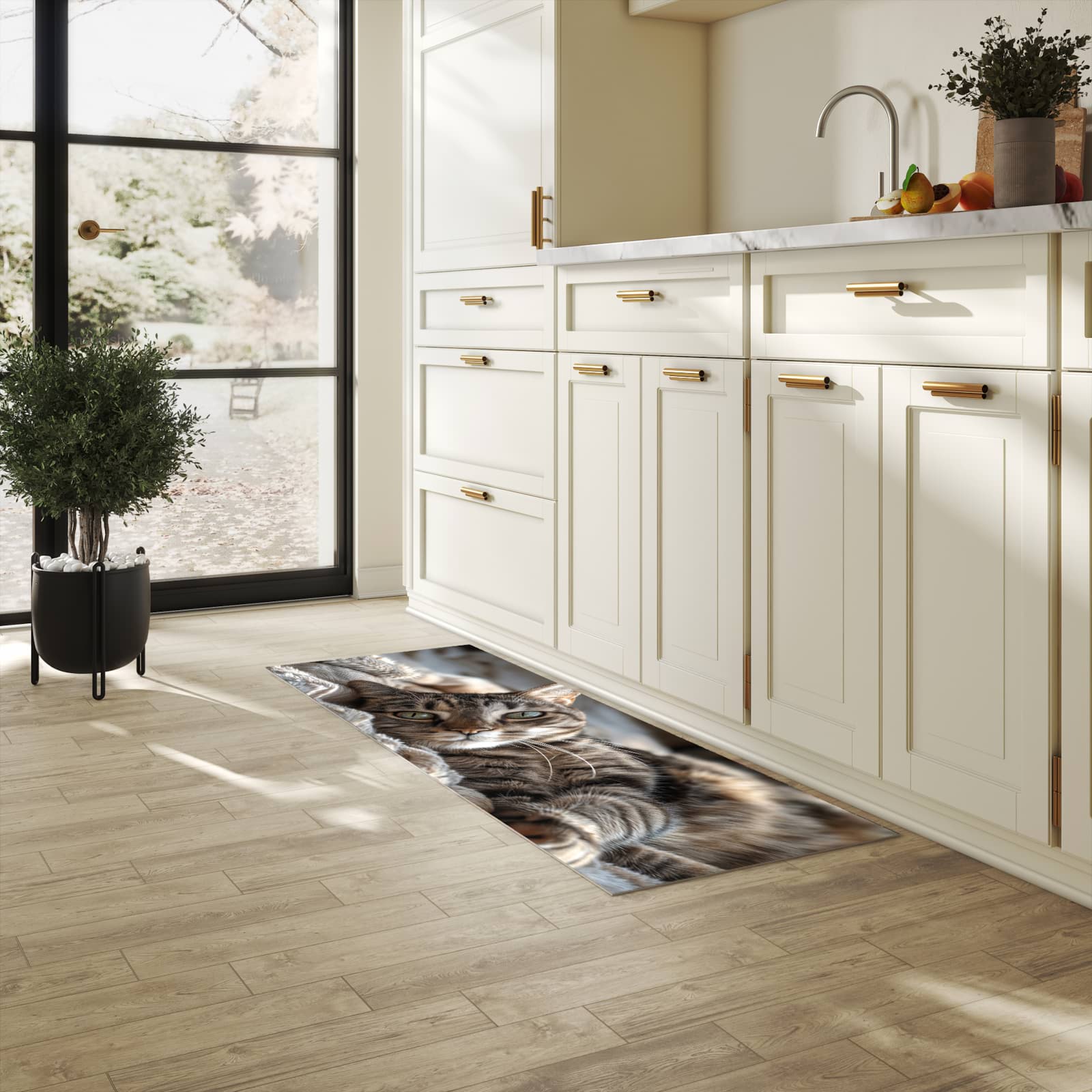 Abwaschbarer Küchenläufer mit Motiv Gemütliche Katze in heller Küche für angenehme Haptik