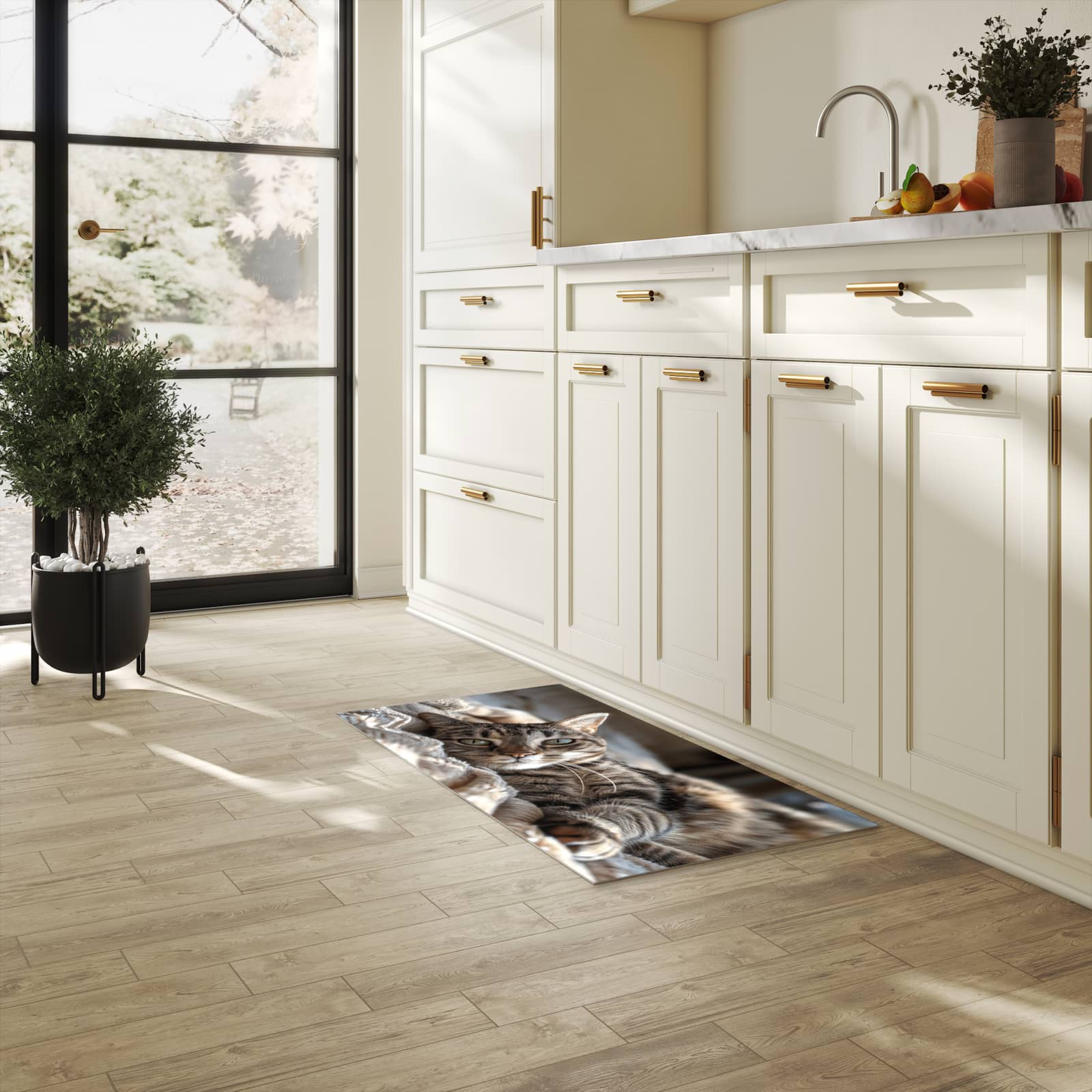 Rutschfester Küchenläufer mit Motiv Gemütliche Katze in heller Küche zum Waschen