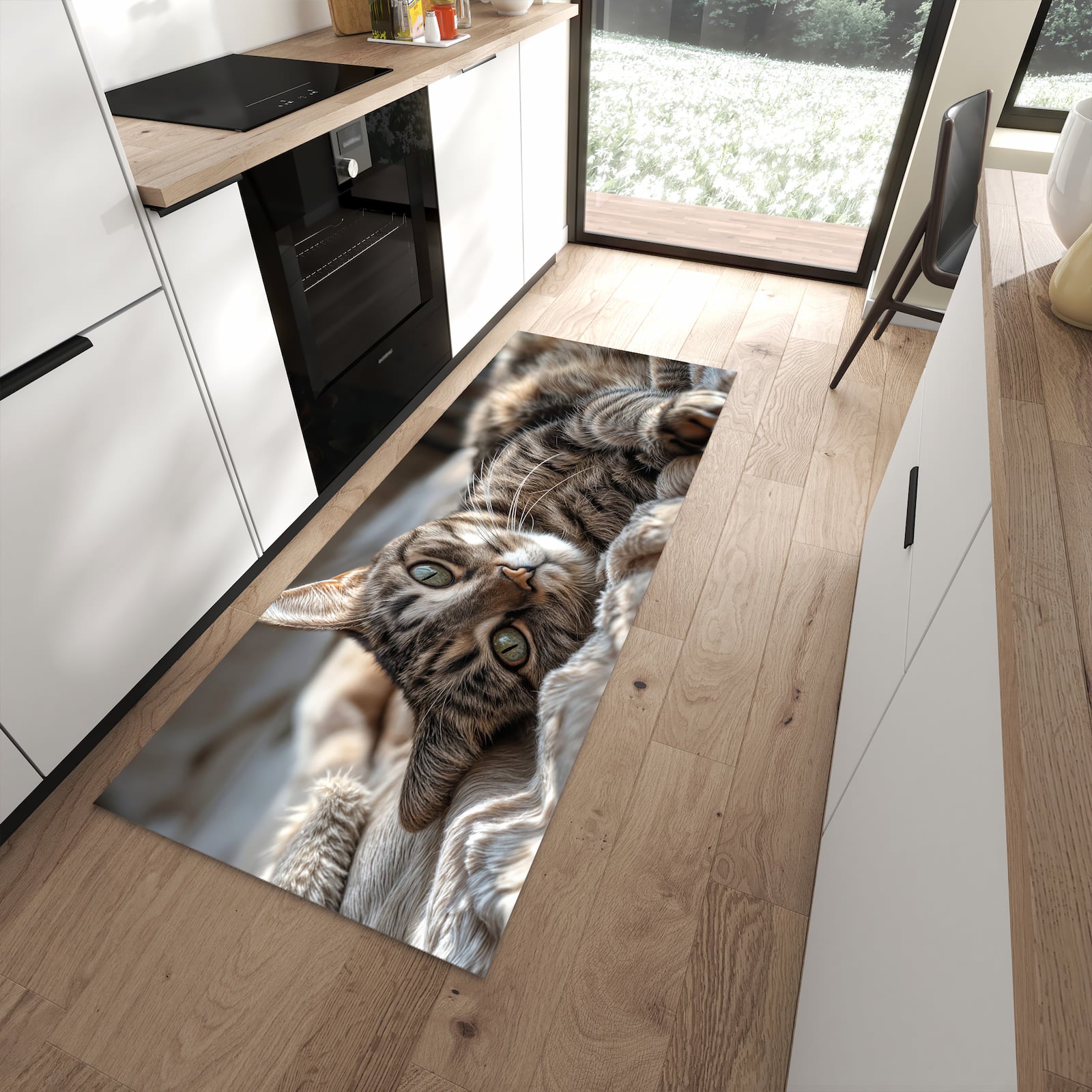 Fleckenresistenter waschbarer Küchenteppich mit Motiv Gemütliche Katze in moderner Küche