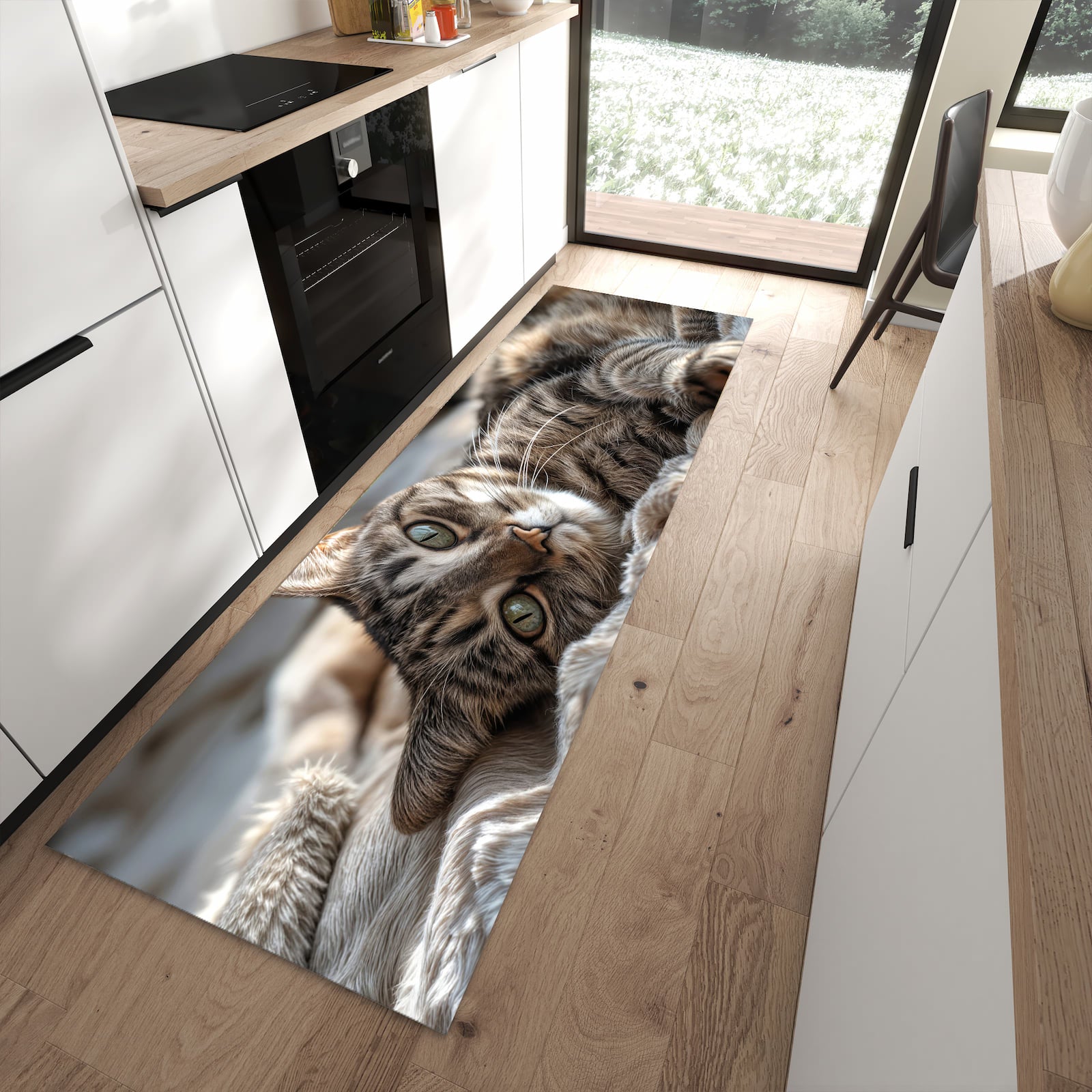 Schmutzabweisender Küchenteppich mit Motiv Gemütliche Katze in moderner Küche