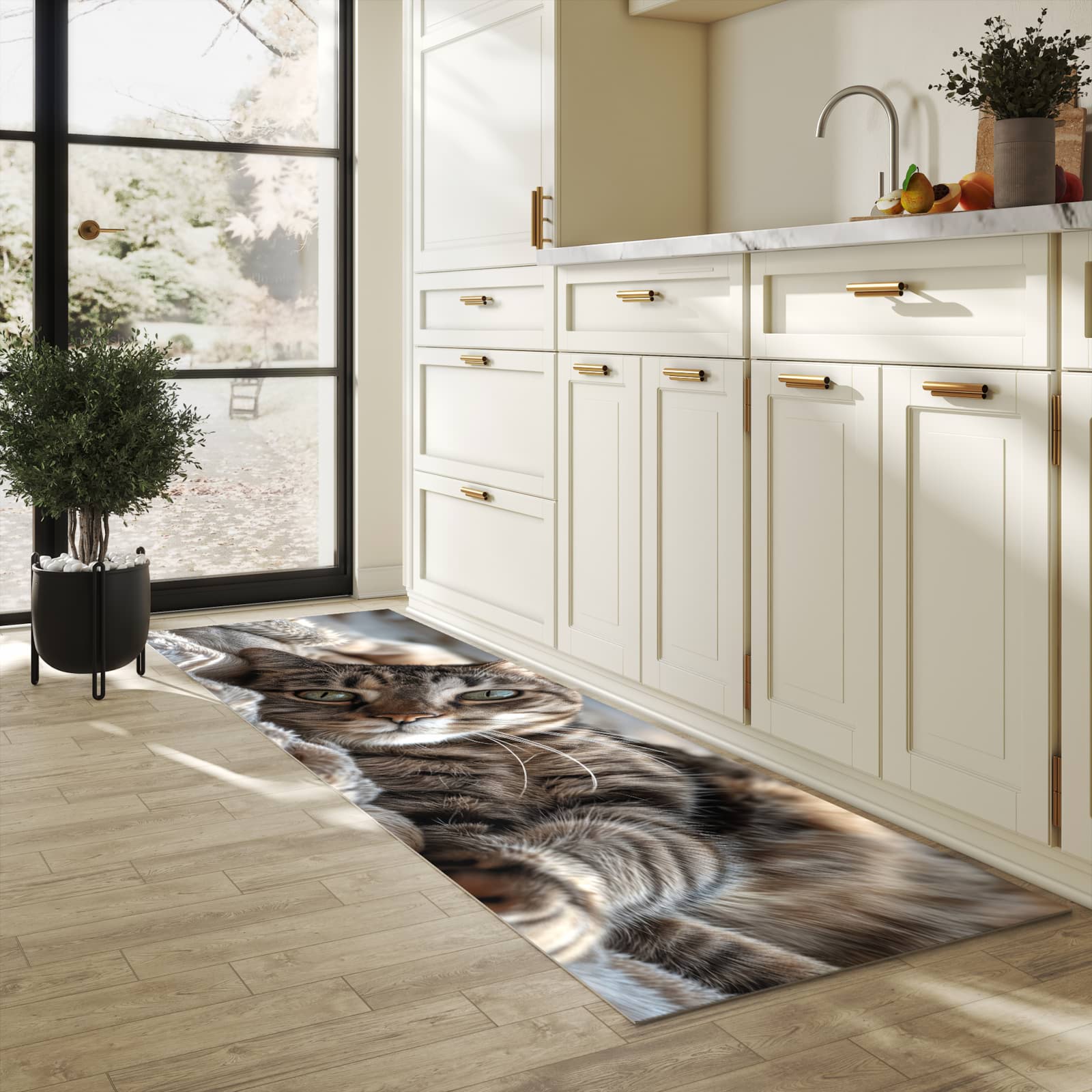 Bodenschonender Küchenteppich mit Motiv Gemütliche Katze in heller Küche