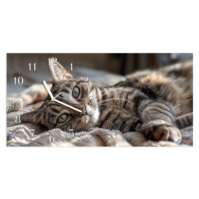 Wanduhr Gemütliche Katze aus Glas – Querformat 60 × 30 cm mit Ziffernblatt Klassisch