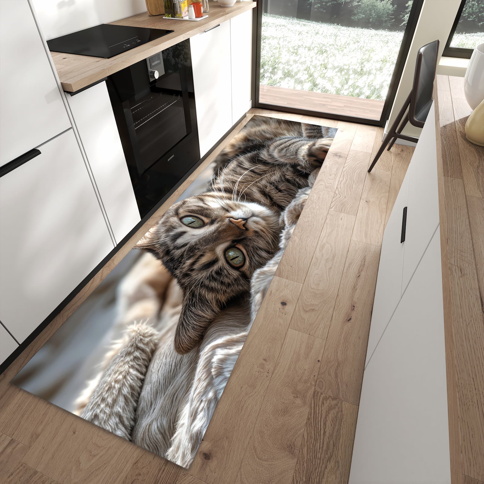 Geruchsneutraler rutschfester Küchenteppich mit Motiv Gemütliche Katze in moderner Küche
