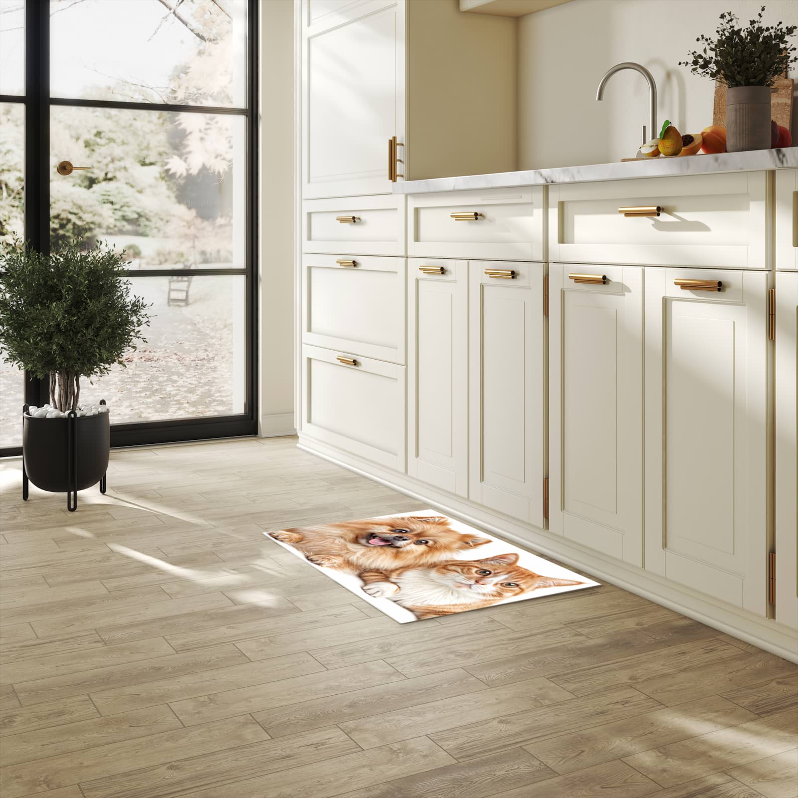 Fleckenresistenter Küchenläufer mit Motiv Hund und Katze in heller Küche