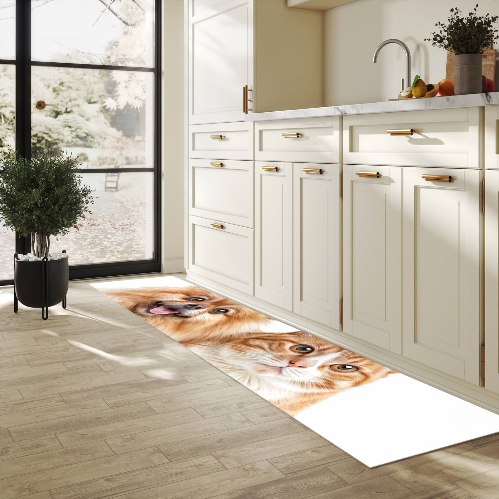 Wasserabweisender Küchenläufer mit Motiv Hund und Katze in heller Küche