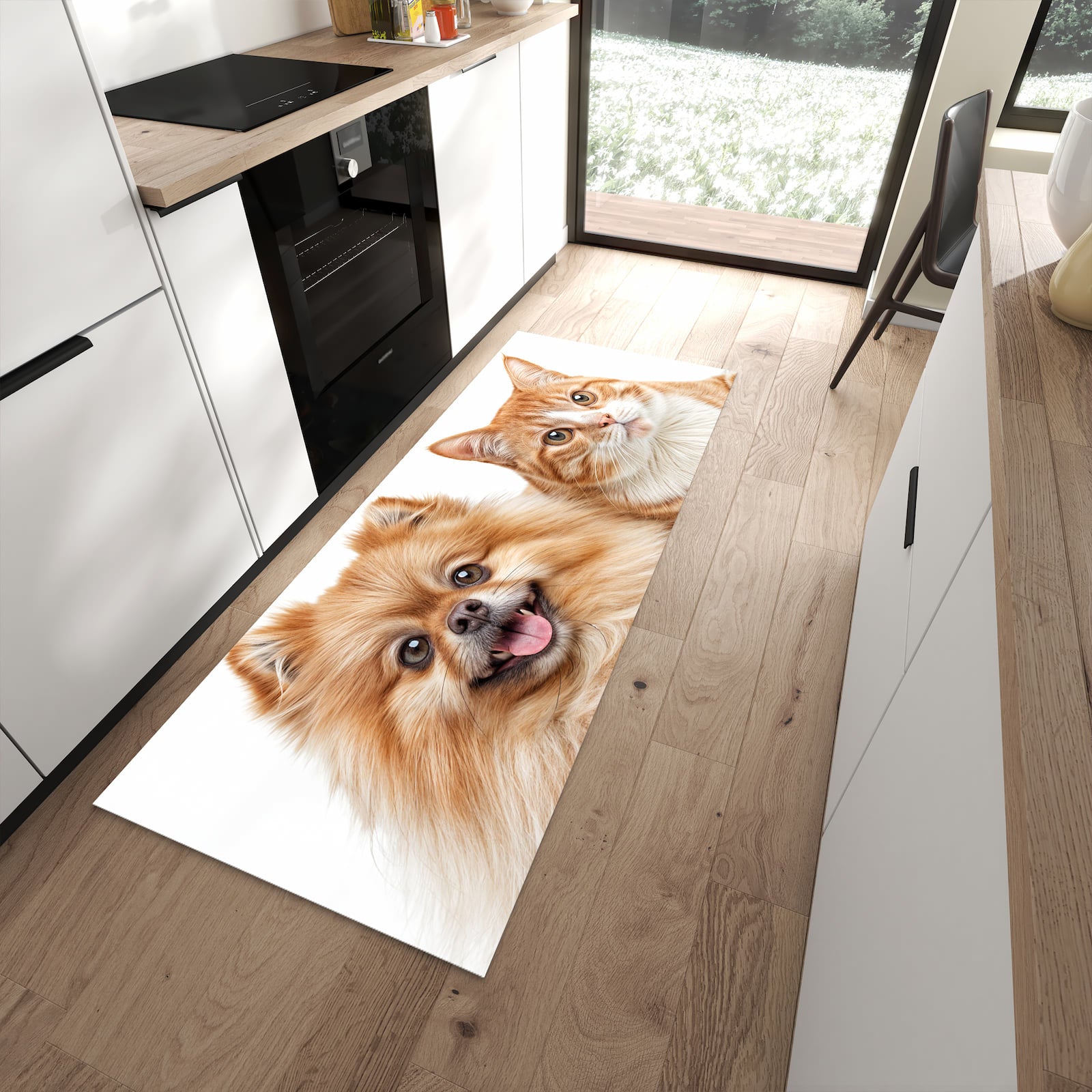 Feuchtigkeitsresistenter waschbarer Küchenläufer mit Motiv Hund und Katze in moderner Küche