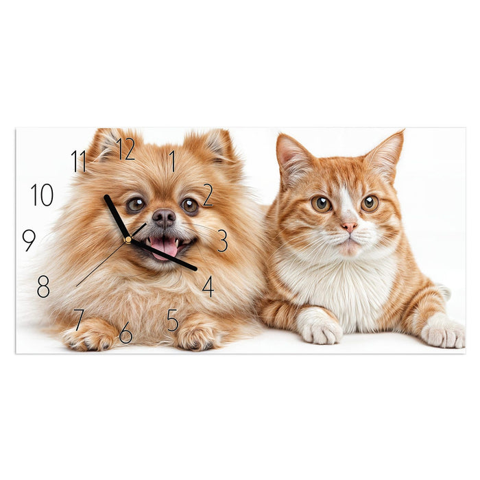 Wanduhr Hund und Katze aus Glas – Querformat 60 × 30 cm mit Ziffernblatt Elegant