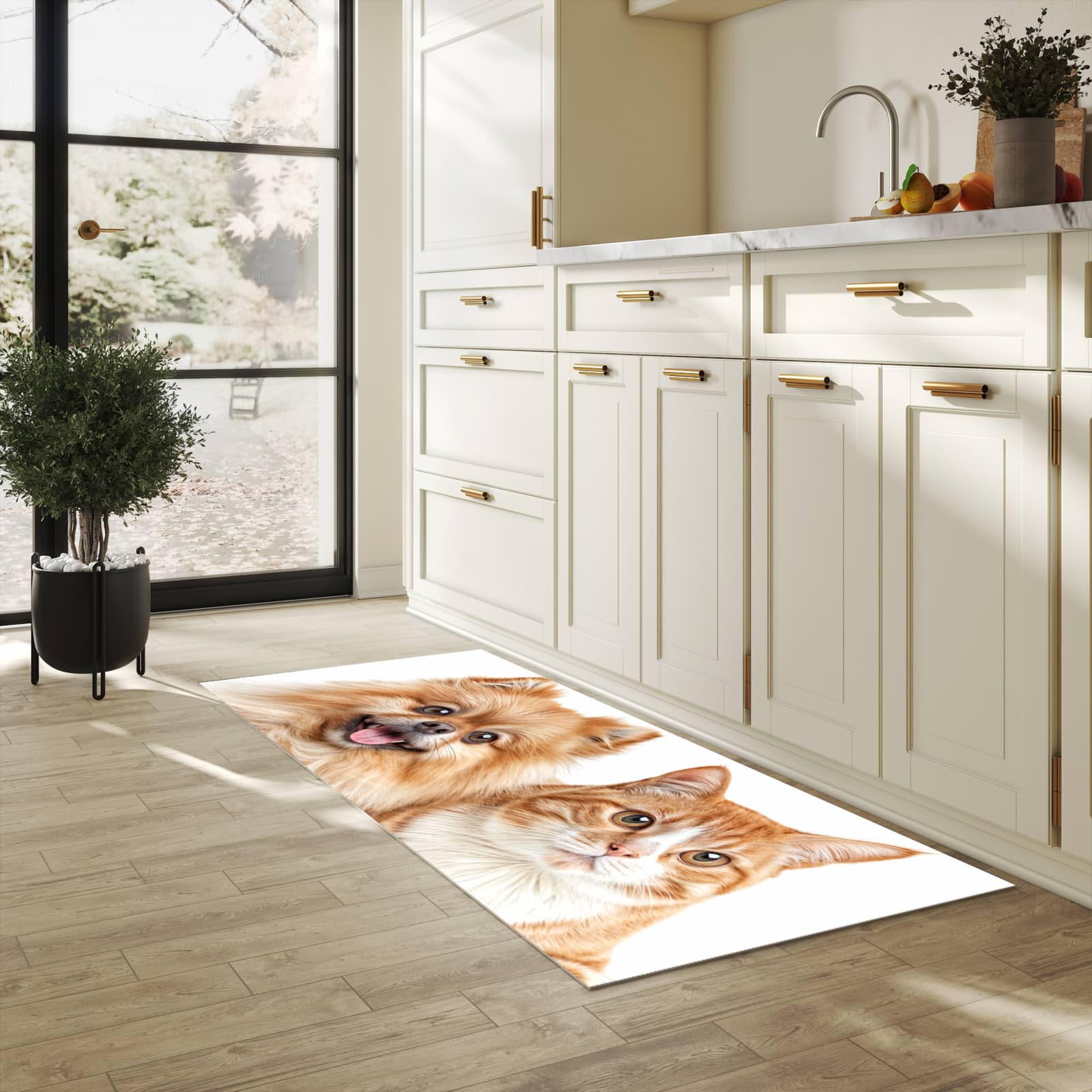 Schmutzabweisender rutschfester Küchenläufer mit Motiv Hund und Katze in heller Küche