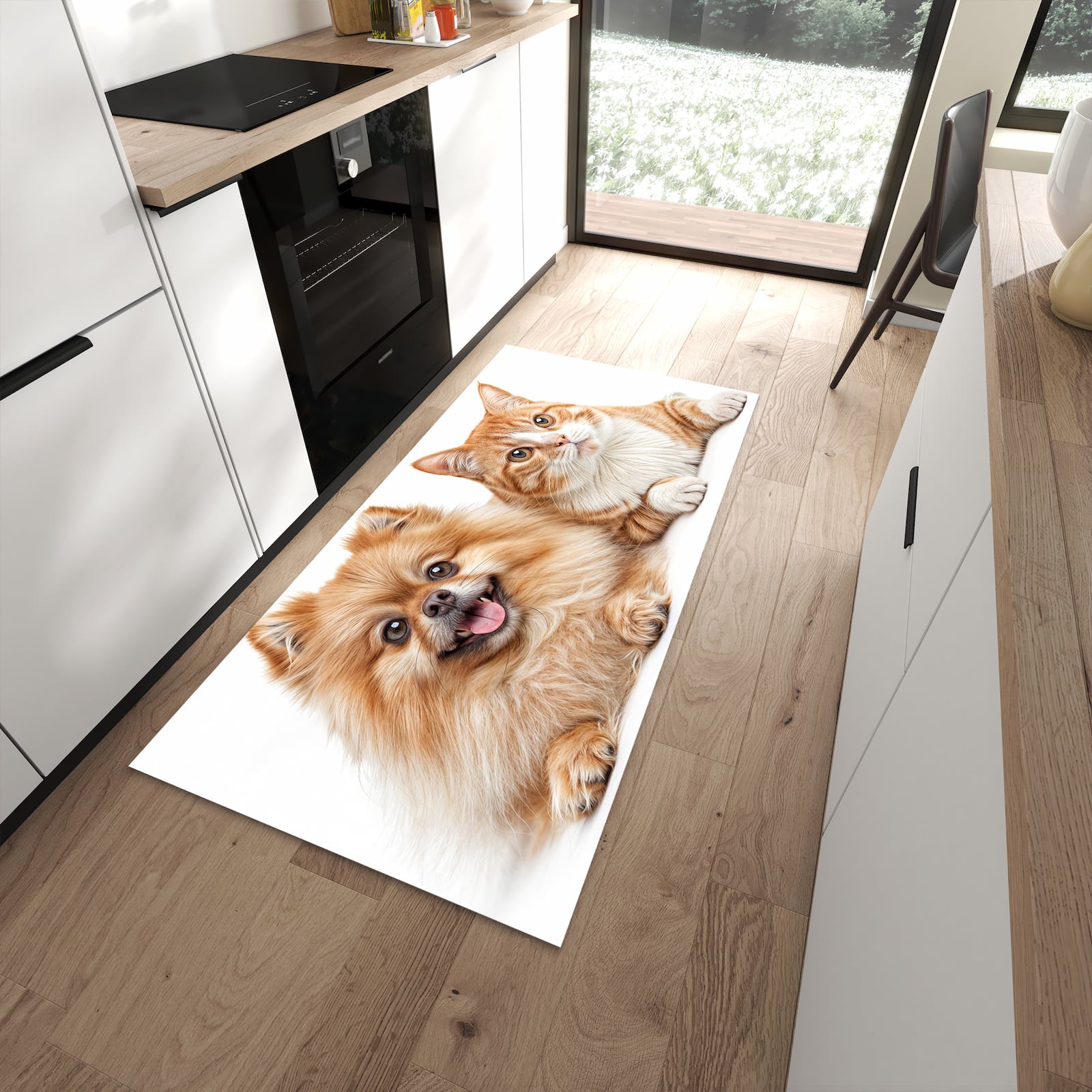 Farbbeständiger dünner Teppich mit Motiv Hund und Katze in moderner Küche