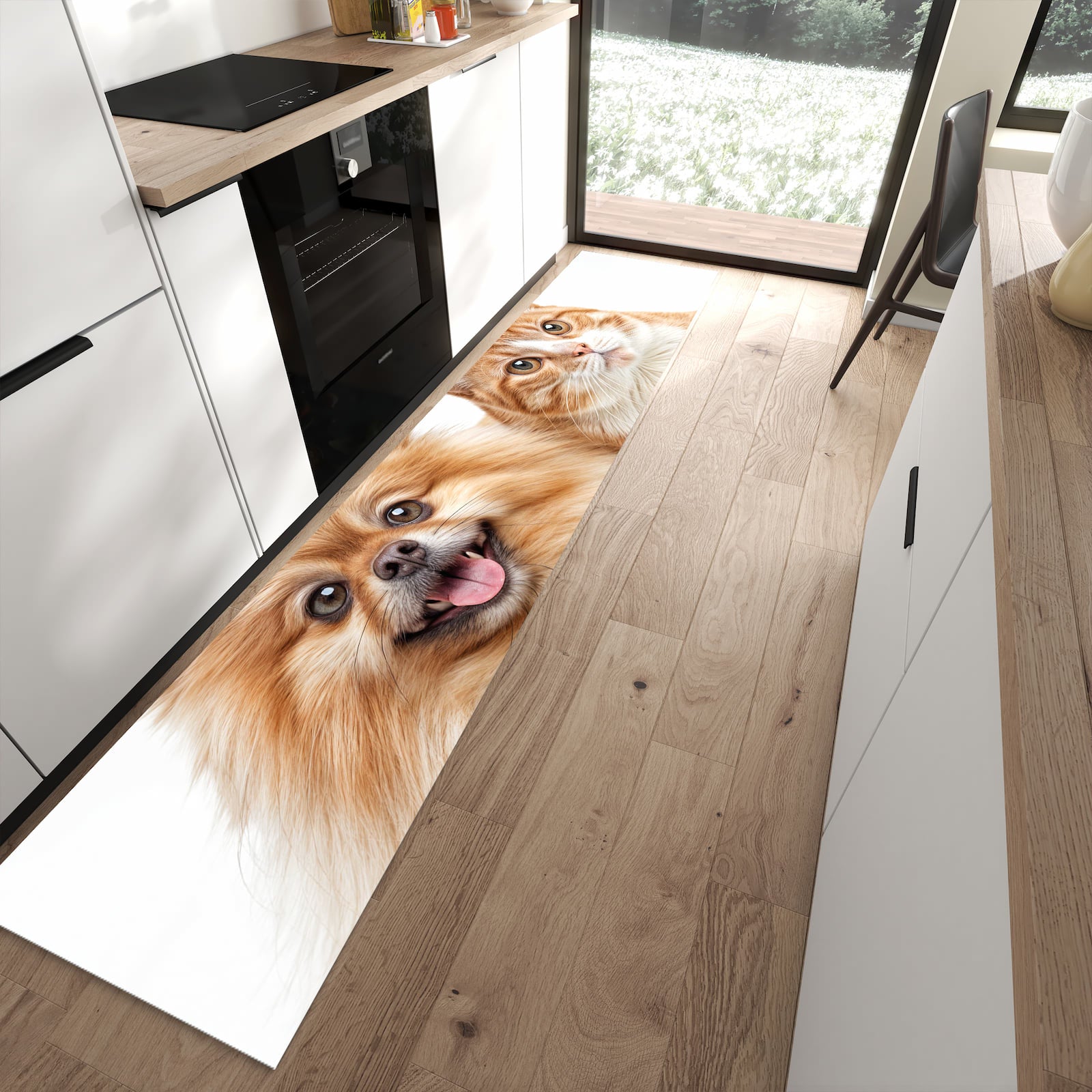Langlebiger Küchenläufer mit Motiv Hund und Katze in moderner Küche