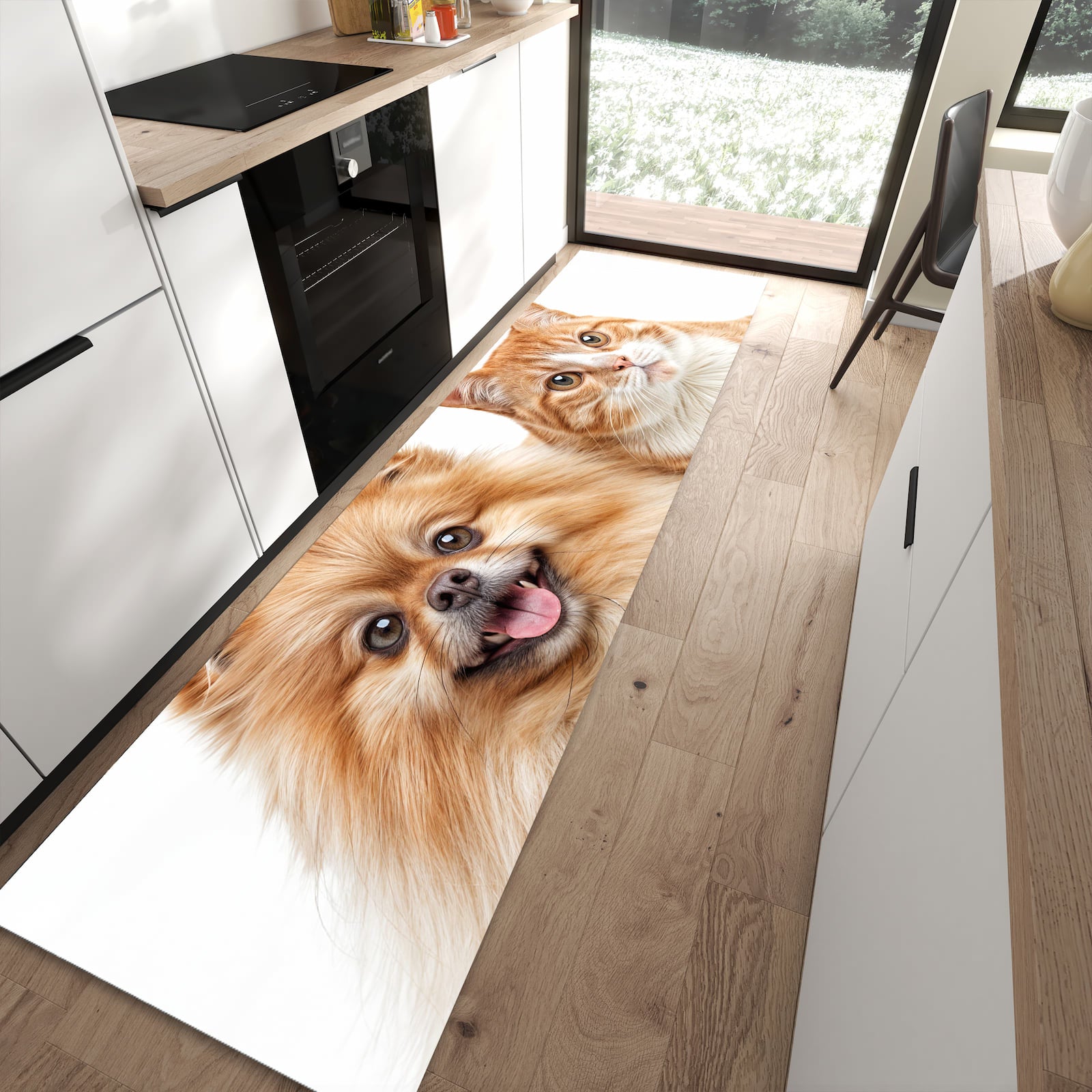 Bodenschonender rutschfester Läufer mit Motiv Hund und Katze in moderner Küche